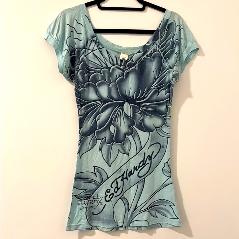 Ed Hardy Blue and Multi Colored Graphic Cap Sleeve Tee